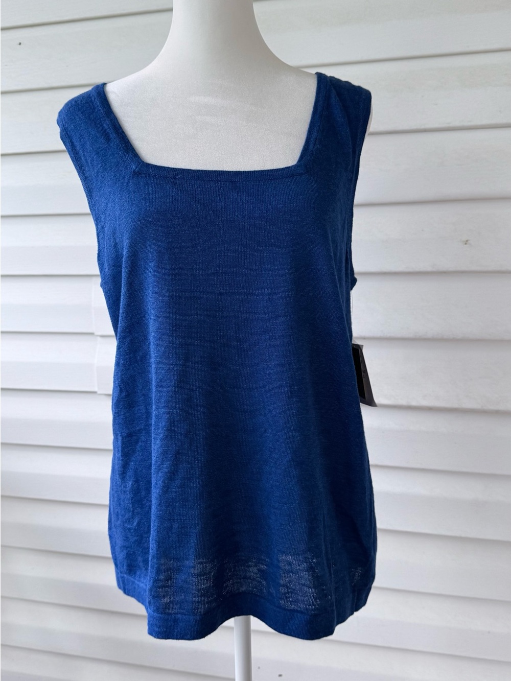 Kasper Blue Linen Blend Sleeveless Top Square Neck Tank Size M